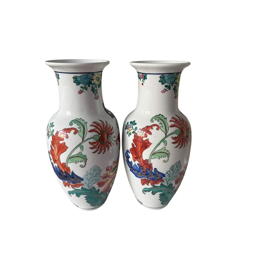 Pair of Vintage Large Tobacco Leaf Chinoiserie Vases 10” Bombay Company